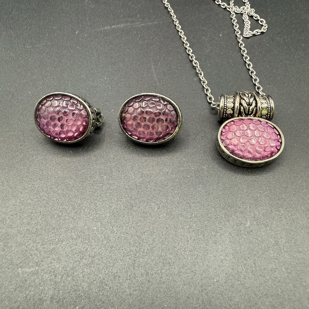 Vintage Silvertone Necklace Clip on Earrings Pink Purple Inlay Costume Jewelry